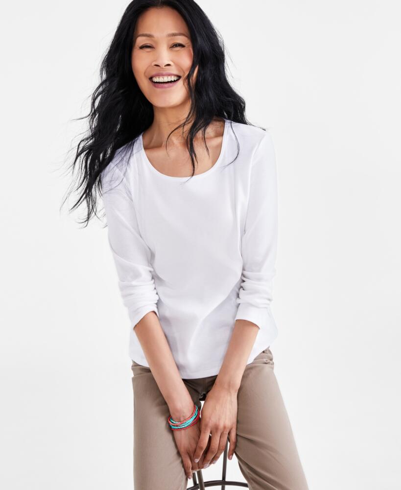 Style & Co Women's Cotton Long-Sleeve Scoop-Neck Top, Created for Macy's - Bright White Cover