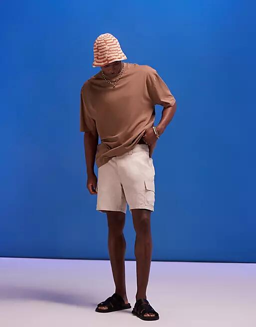 ASOS DESIGN slim cargo shorts in neutral linen texture Cover