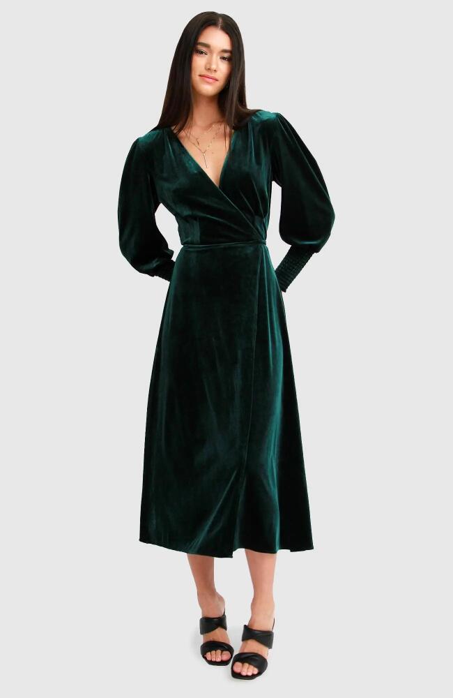 Belle & Bloom Current Mood Velvet Wrap Dress in Dark Green Cover