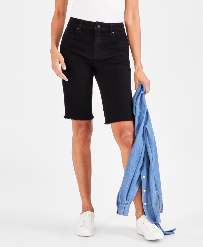 Style & Co Women's Mid-Rise Raw-Edge Bermuda Jean Shorts, Created for Macy's - Deep Black Cover