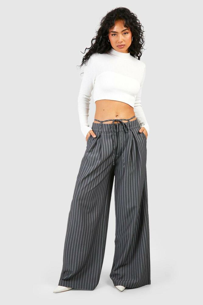 boohoo Womens Waistband Detail Wide Leg Pants - Grey Cover