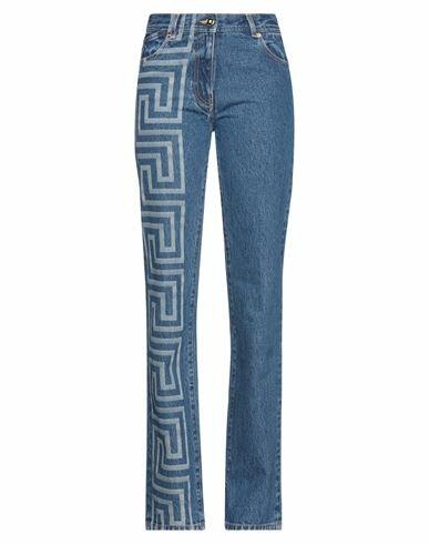 Versace Woman Jeans Blue Cotton, Calfskin Cover