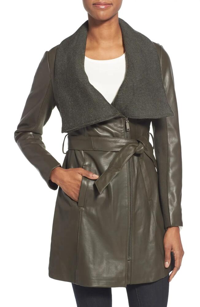 Elie Tahari 'Alexandra' Knit Collar Belted Leather Coat in Loden Cover