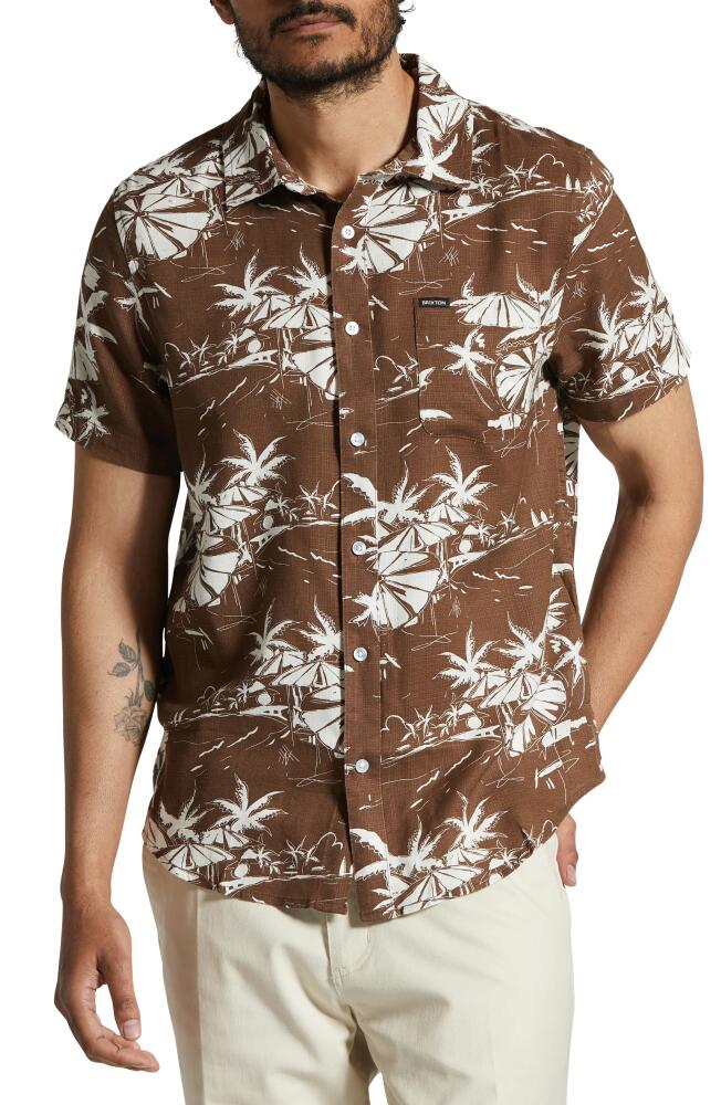 Brixton Charter Classic Fit Tropical Print Short Sleeve Slub Button-Up Shirt in Sepia Umbrella Scene Cover