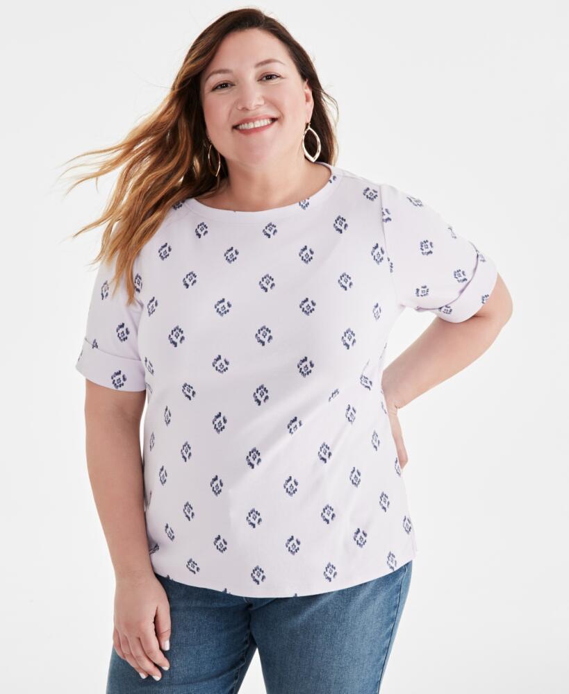 Style & Co Plus Size Printed Cuffed-Sleeve Boat Neck Top, Created for Macy's - Ikat Lavendar Cover