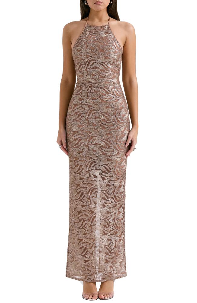 HOUSE OF CB Giada Beaded Halter Gown in Rose Gold Cover