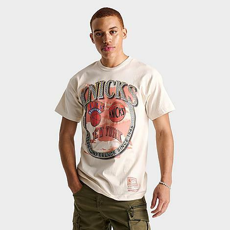 Mitchell And Ness Men's New York Knicks NBA Crown Jewels Graphic T-Shirt in Beige/Natural Cover