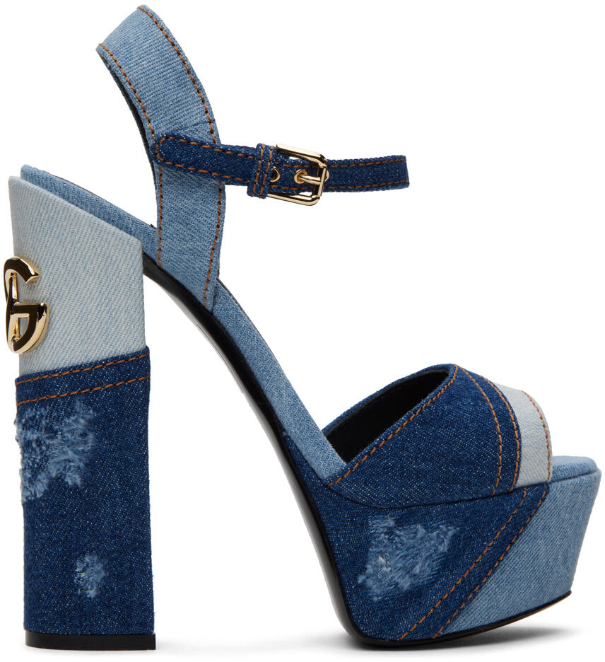 Dolce&Gabbana Blue Patchwork Denim Platform Heeled Sandals Cover