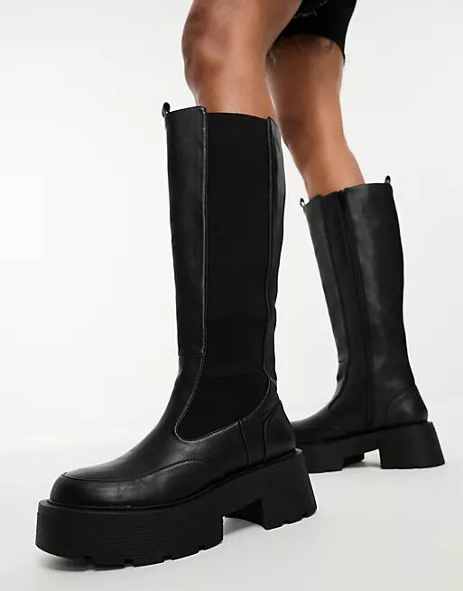 Public Desire Evergreen chunky knee boots in black Cover