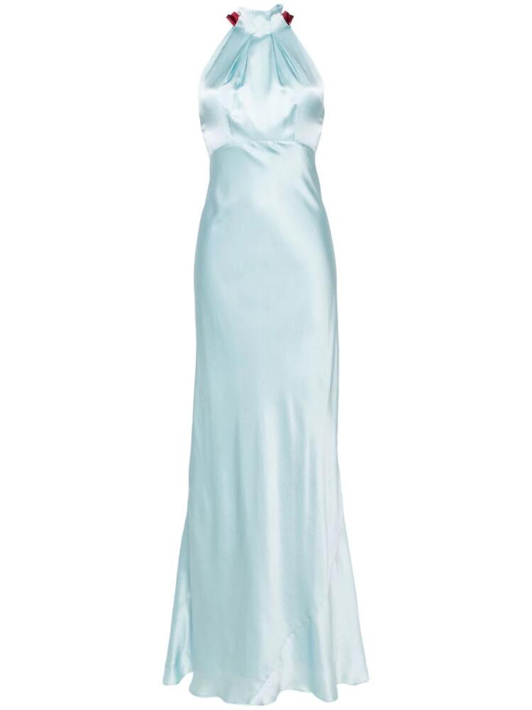 Saloni pleated-neck seersucker gown - Blue Cover