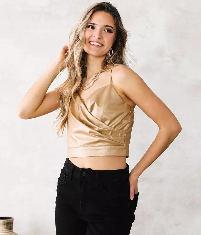 A. Peach Metallic Faux Leather Cropped Tank Top Cover