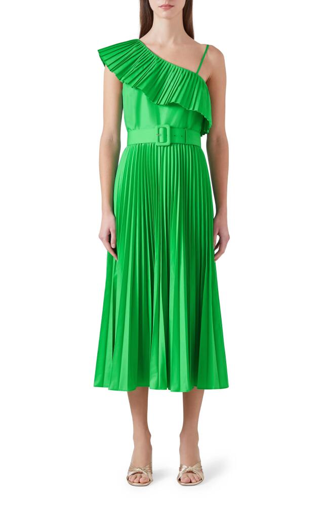 LK Bennett Josephine Pleated Belted One-Shoulder Midi Dress in Green Cover