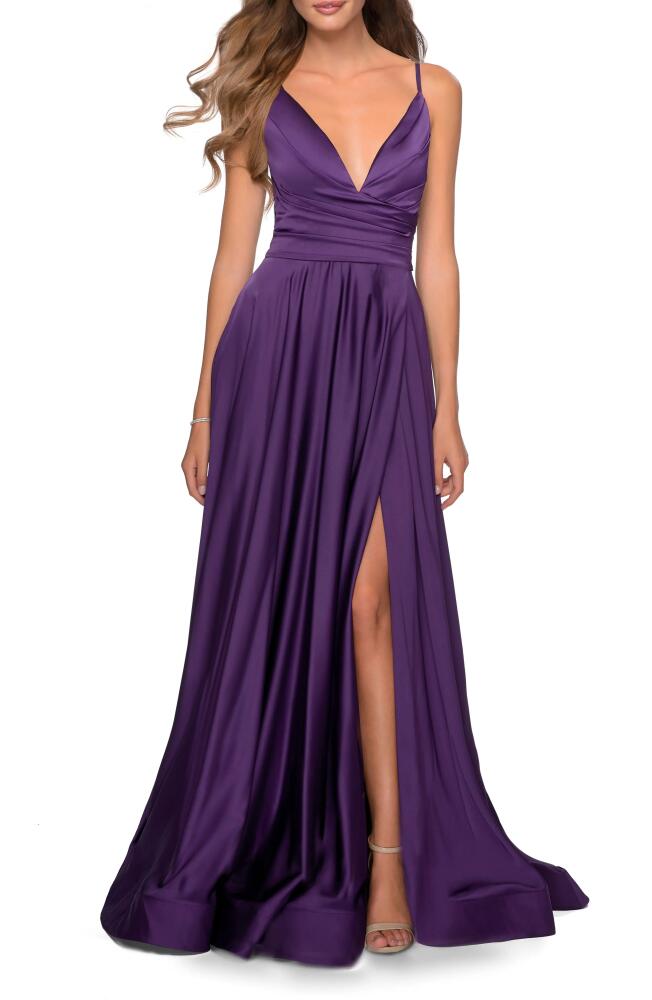 La Femme Strappy Back Satin Ballgown in Royal Purple Cover