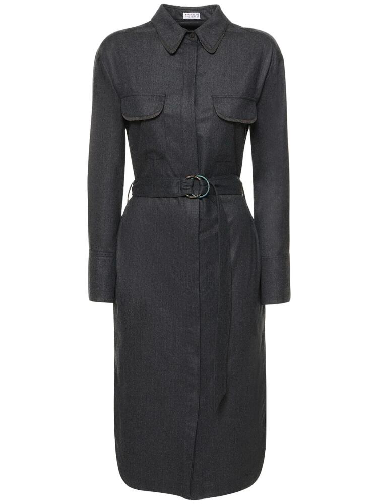 BRUNELLO CUCINELLI Belted Wool Flannel Midi Shirt Dress Cover