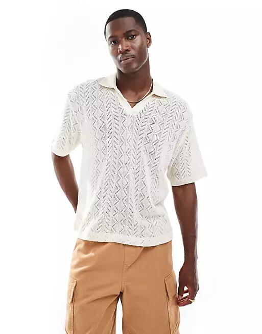 ASOS DESIGN relaxed polo shirt with cable knit design in beige-Neutral Cover