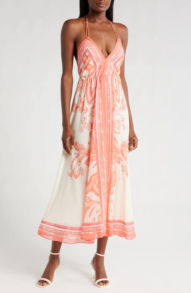 Reiss Delilah Scarf Print Satin Halter Dress in Coral Cover