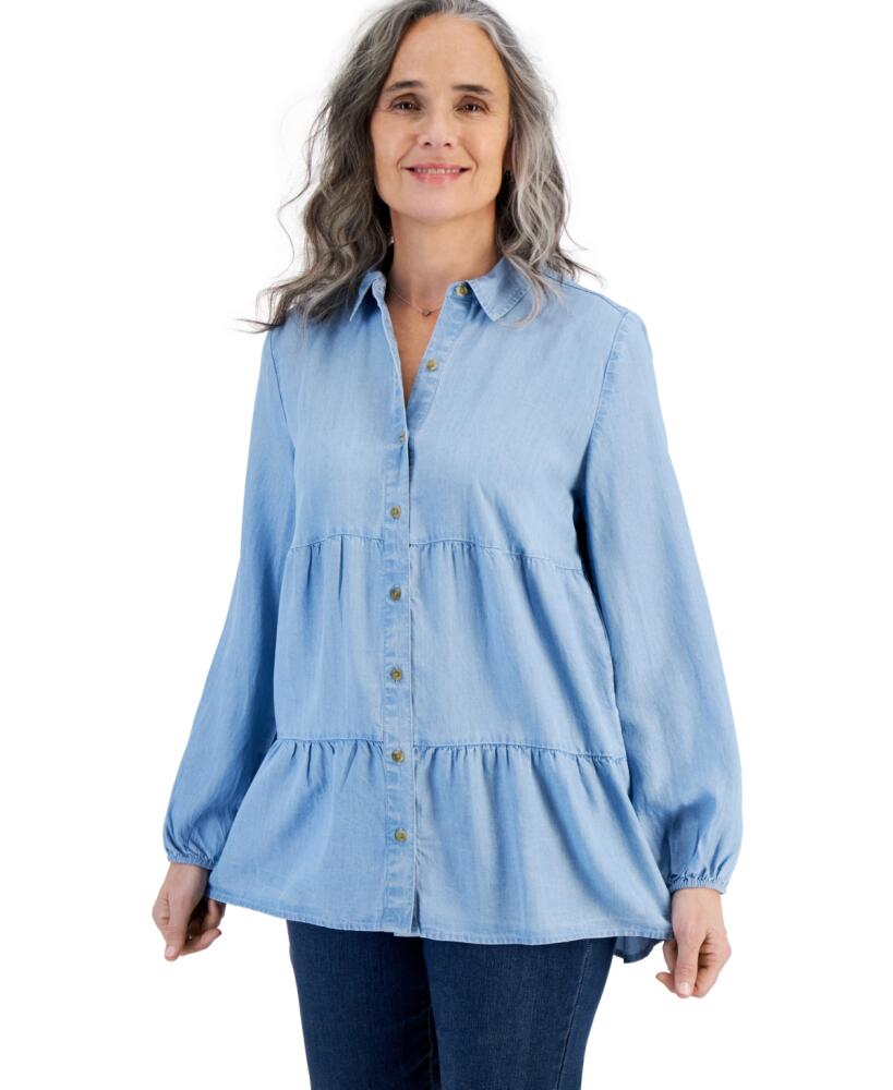 Style & Co Women's Tiered Button-Front Chambray Shirt, Created for Macy's - Emma Wash Cover