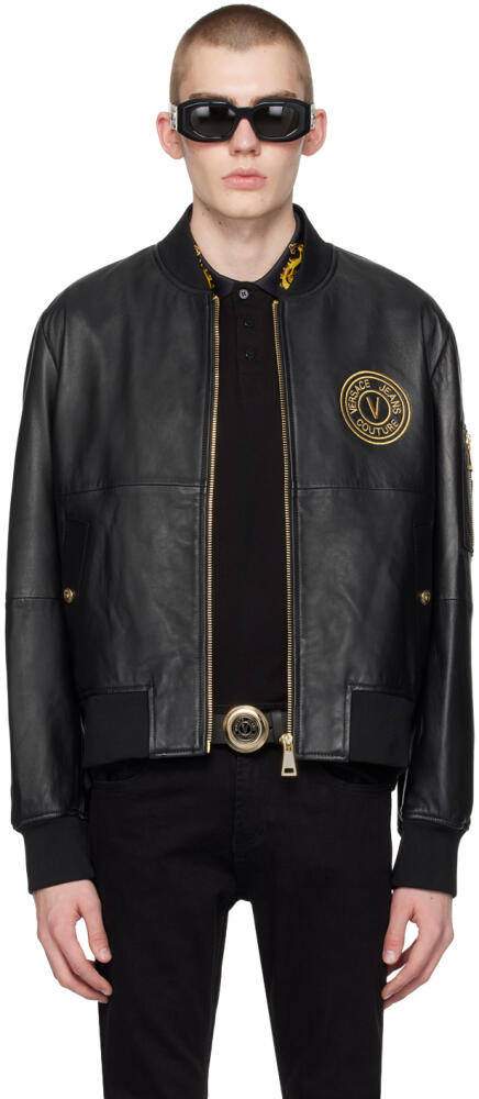 Versace Jeans Couture Black V-Emblem Leather Bomber Jacket Cover