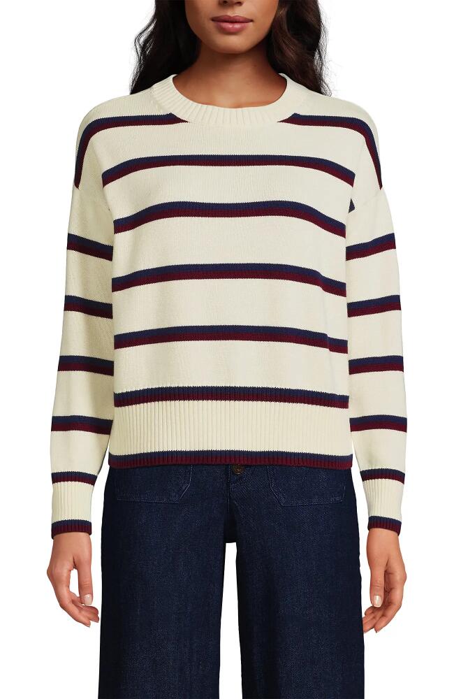 Lands' End Cotton Easy Fit Crew Neck Sweater in Fresh Ivory Wide Stripe Cover