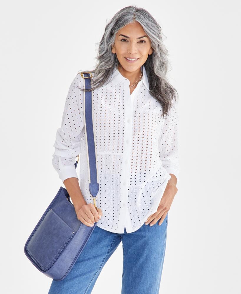 Style & Co Petite Cotton Eyelet Button-Front Shirt, Created for Macy's - Bright White Cover