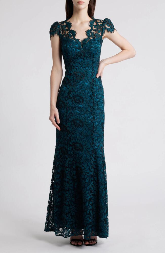 Eliza J Illusion Cap Sleeve Gown in Peacock Cover