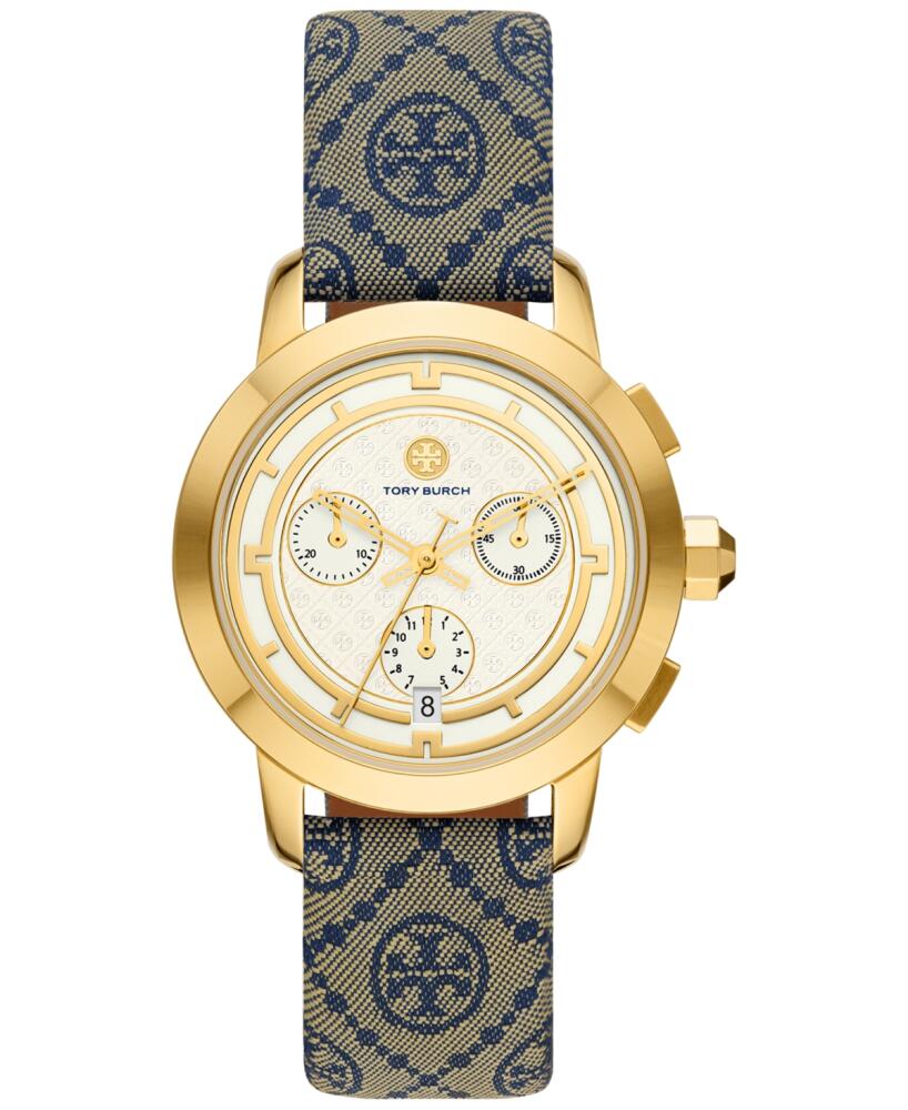 Tory Burch Women's Chronograph The Tory Blue Fabric & Luggage Leather Strap Watch 37mm Cover