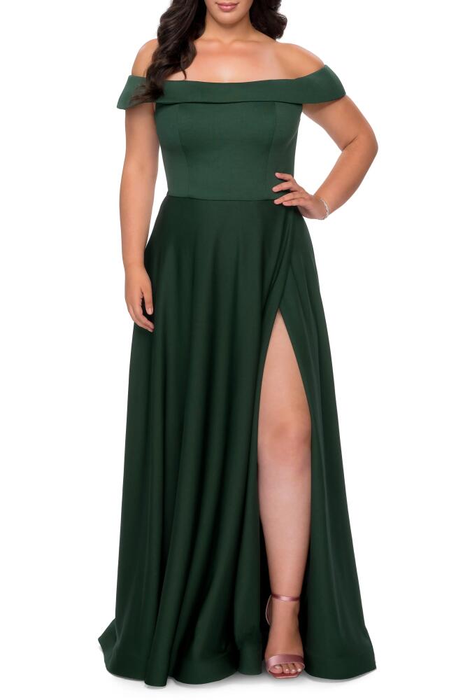 La Femme Off the Shoulder Foldover Neckline Gown in Emerald Cover