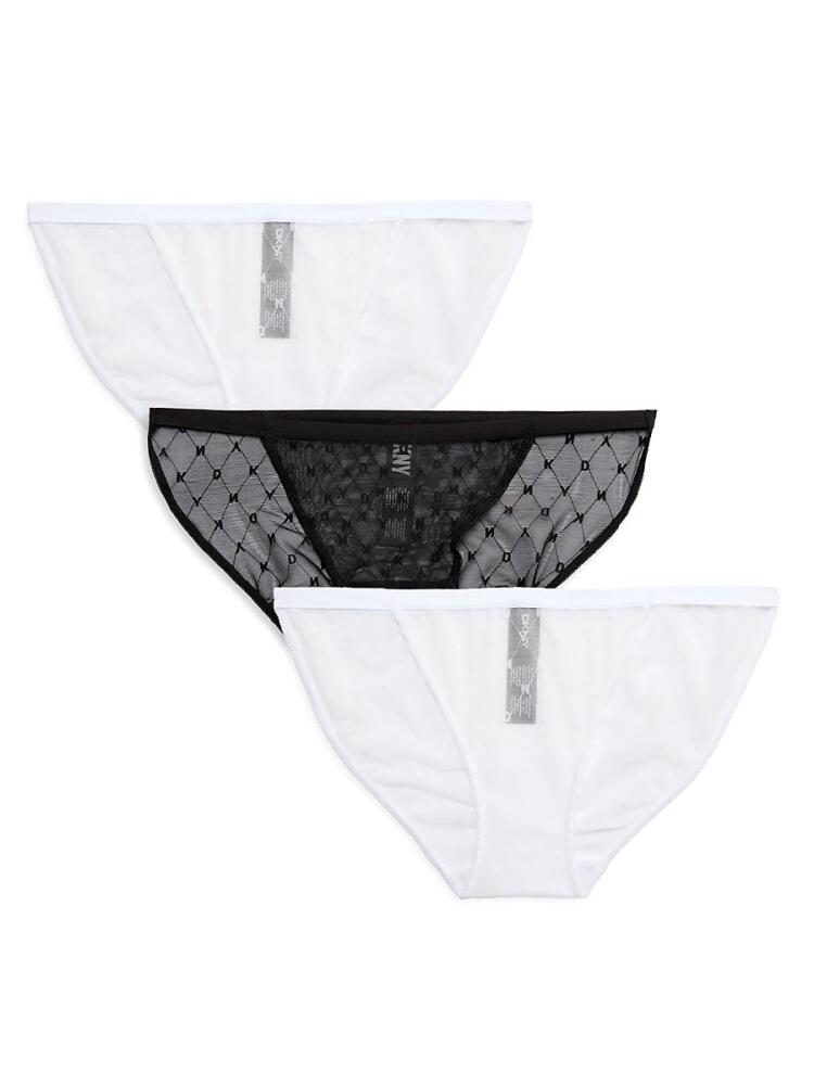 DKNY Women's 3-Pack Logo Mesh Bikini Panties - White Black Cover