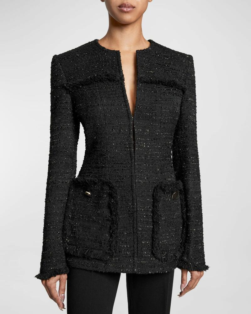 Santorelli Britt Fringe-Trim Speckled Tweed Jacket Cover