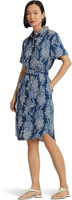 Lauren Ralph Lauren Petite Floral Belted Linen Shirtdress (Blue/Cream) Women's Dress Cover