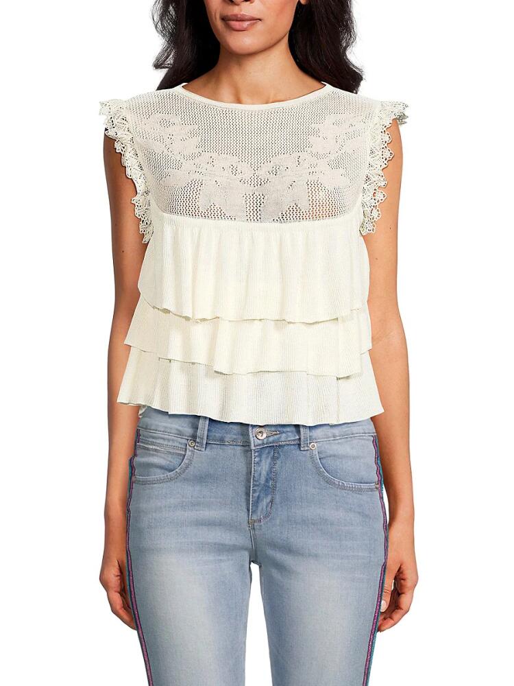 Lea & Viola Women's Layered Crochet Peplum Top - Ivory Cover