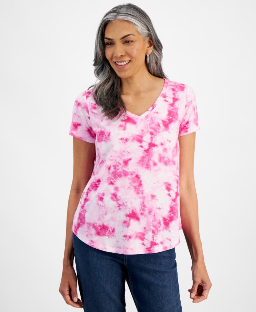 Style & Co Women's Tie-Dye V-Neck T-Shirt, Created for Macy's - Fuschia Dye Cover