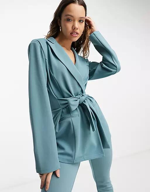 ASOS DESIGN jersey belted suit blazer in teal-Blue Cover