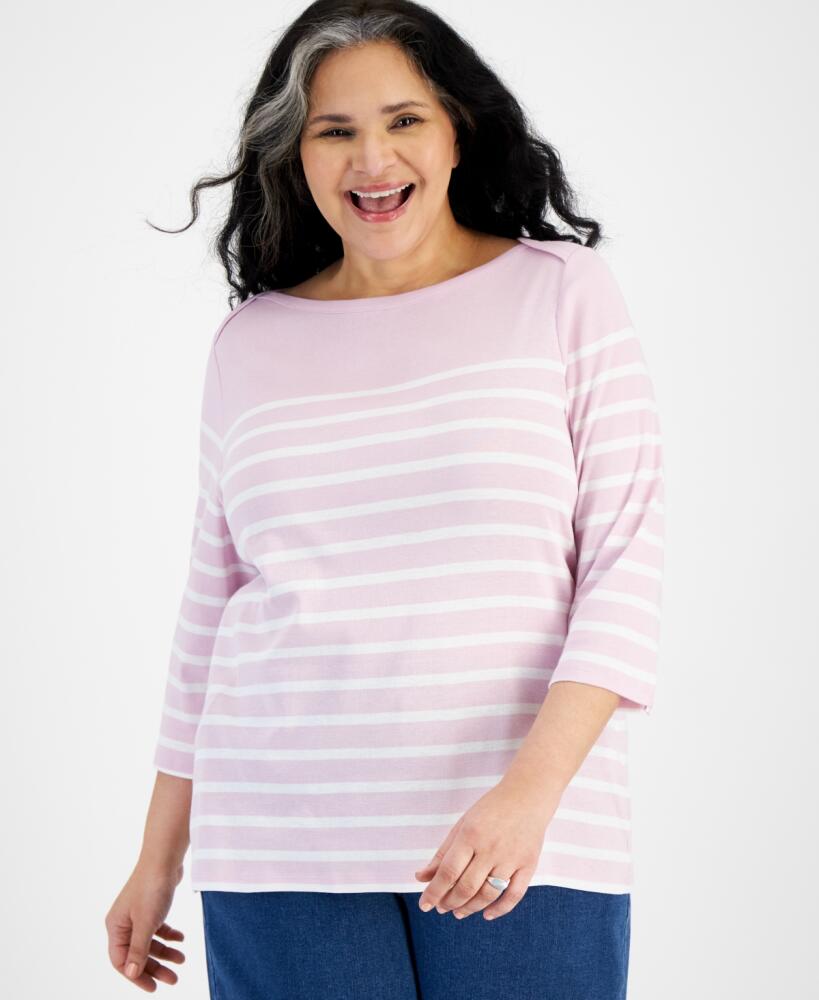 Style & Co Plus Size Printed Pima Cotton 3/4-Sleeve Top, Created for Macy's - Nautical Lily Flower Cover