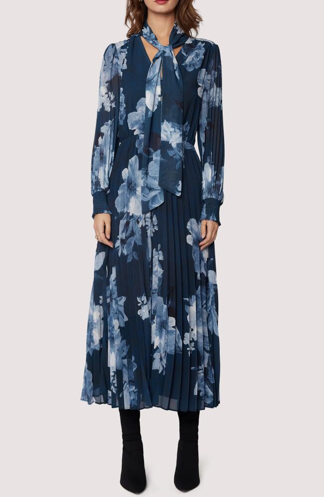 Lost + Wander Josephine Floral Pleated Tie Neck Long Sleeve Dress in Blue Grey Floral Cover