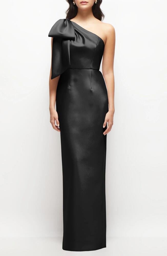 Alfred Sung Bow Detail One-Shoulder Satin Twill Column Gown in Black Cover