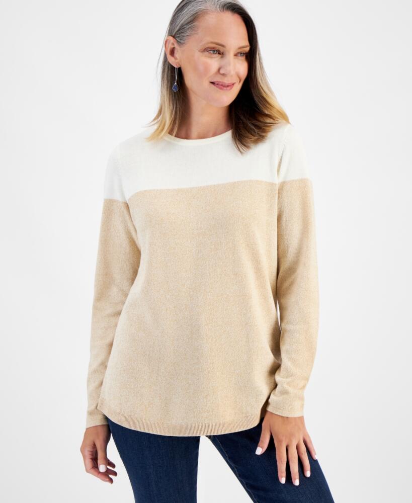 Style & Co Women's Crewneck Cotton Colorblocked Sweater, Created for Macy's - Natural Cover