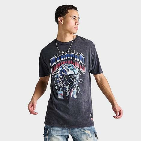 Mitchell And Ness Men's New York Rangers NHL Crease Lightning Graphic T-Shirt in Black/Vintage Washed Black Cover