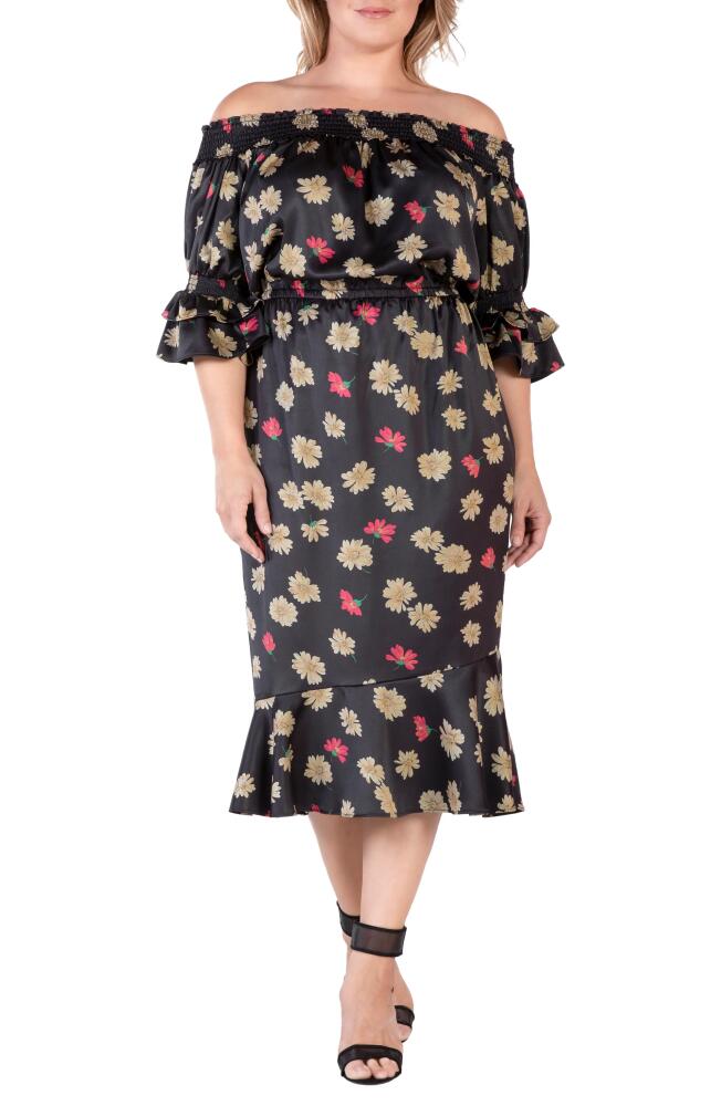 Standards & Practices Floral Off the Shoulder Midi Dress in Black Sparkler Cover