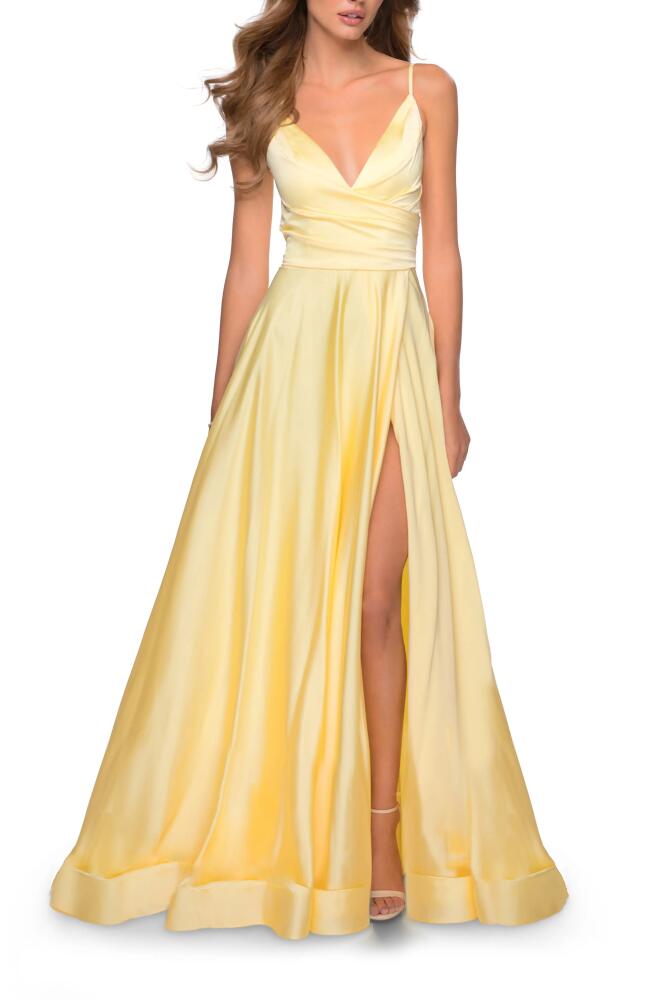 La Femme Strappy Back Satin Ballgown in Pale Yellow Cover