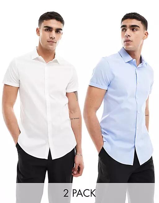 ASOS DESIGN 2 pack stretch slim fit work shirt in white/blue-Multi Cover