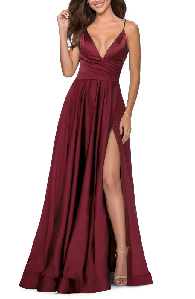 La Femme Strappy Back Satin Ballgown in Wine Cover