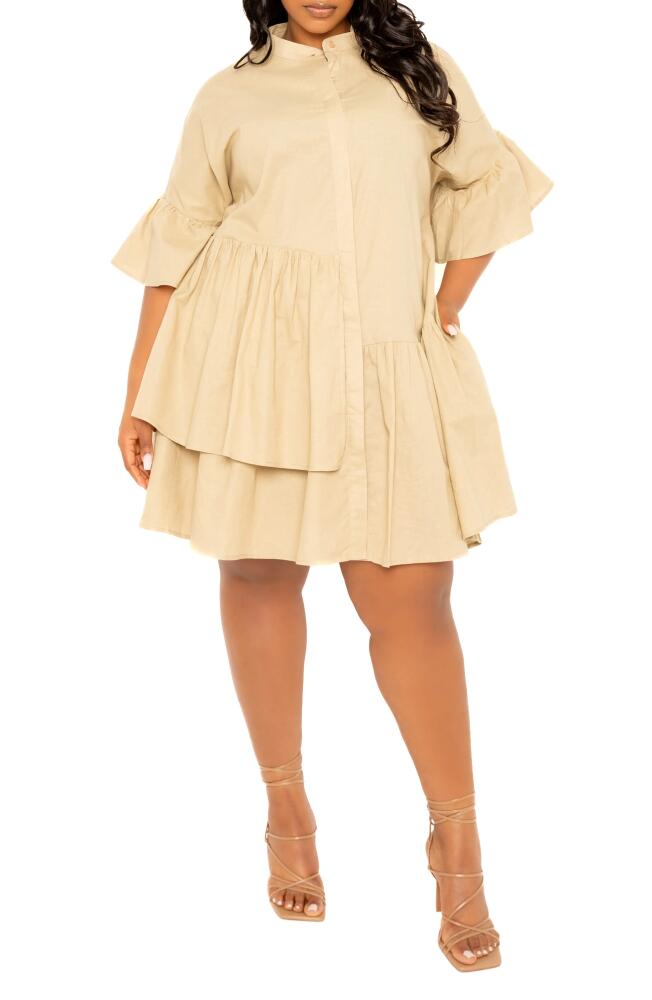 BUXOM COUTURE Flutter Sleeve Cotton & Linen Shift Dress in Beige Cover