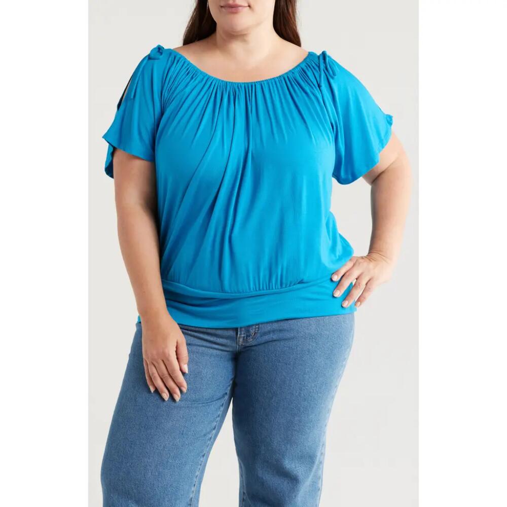 24seven Comfort Apparel Banded Blouson Top in Turquoise Cover