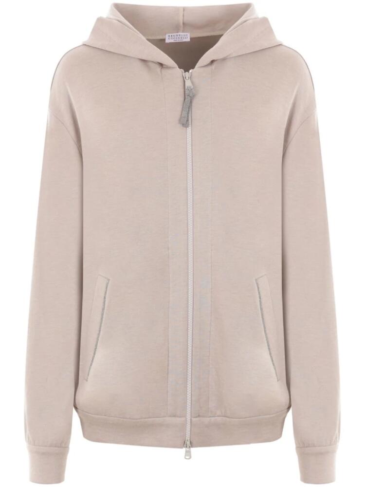 Brunello Cucinelli Monili-embellished cotton-silk hoodie - Neutrals Cover