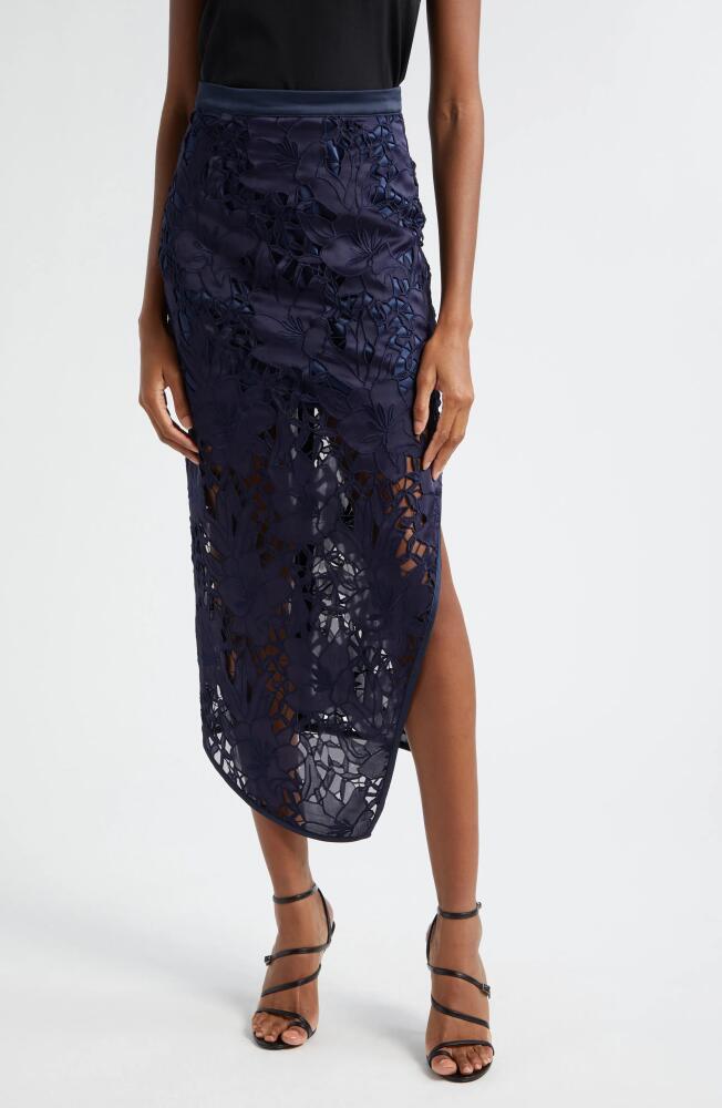 Ramy Brook Irene Floral Lace Asymmetric Skirt in Navy Sateen Floral Cutout Cover