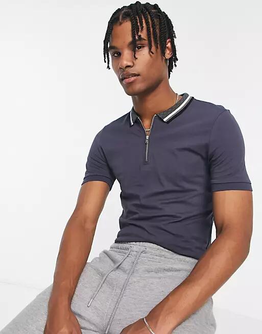 New Look jacquard collar polo shirt in dark gray Cover