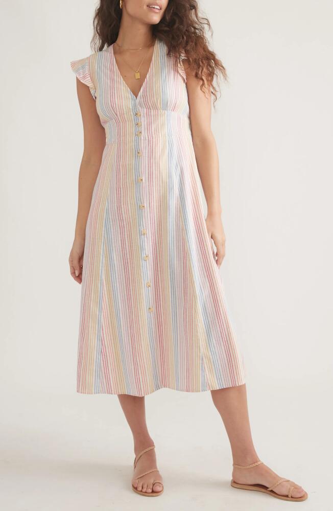 Marine Layer Camila Stripe Button Front Midi Dress in Warm Rainbow Stripe Cover