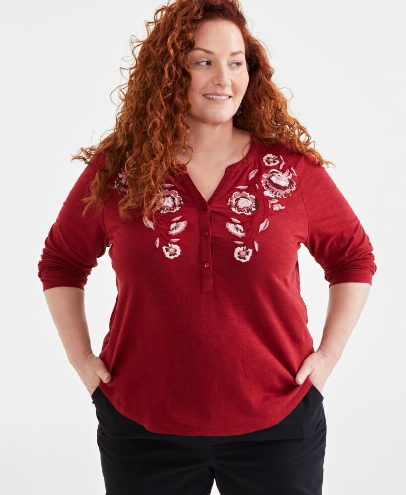 Style & Co Plus Size Floral-Embroidered Henley Top, Created for Macy's - Bloom Strawberry Cover