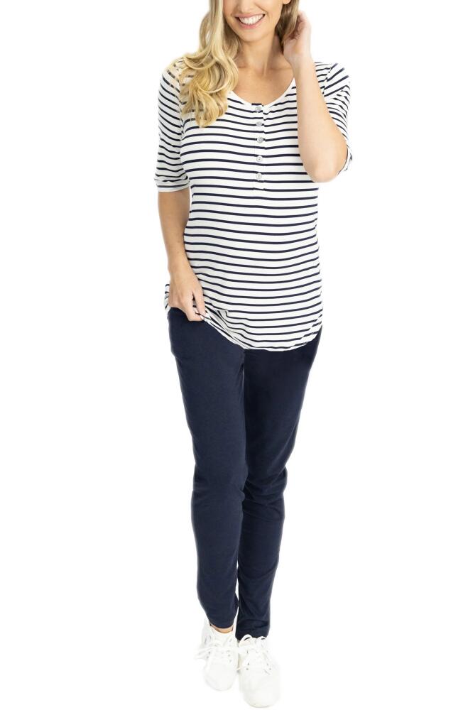 Angel Maternity Maternity/Nursing Henley & Lounge Pants Set in Navy White Stripe Cover